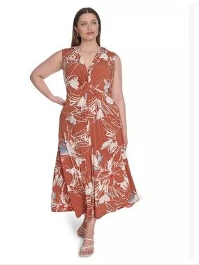 Calvin Klein Maxi Dress Women Sz 4P Orange Floral Sleeveless Twist Front V-Neck.